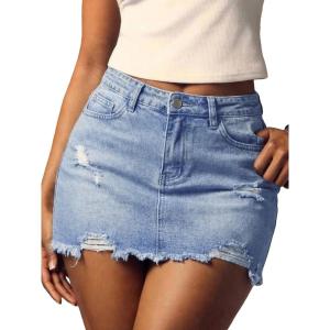 ELLEVEN Women’s Ripped Denim Mini Skirt, Y2K Frayed Raw Hem Bodycon Jean Skirt(Blue Denim)