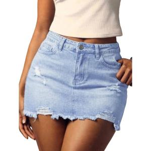 ELLEVEN Women’s Ripped Denim Mini Skirt, Y2K Frayed Raw Hem Bodycon Jean Skirt(Light Blue Denim)
