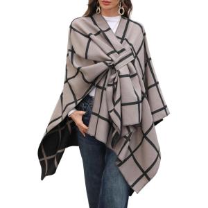 ELLEVEN Womens Shawl Wraps – Cozy Open Front Poncho Scarf, Soft Cardigan Cape Fashion Blanket Gifts(Black Khaki Plaid)