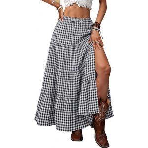 ELLEVEN Women’s Summer Slit Tiered Maxi Skirt – Boho A-Line Elastic Waist Long Skirts with Pockets(Black Plaid)