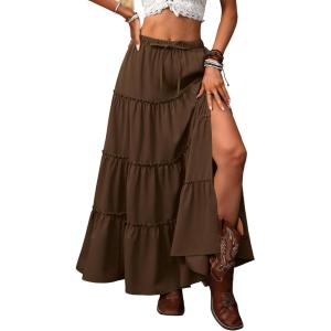 ELLEVEN Women’s Summer Slit Tiered Maxi Skirt – Boho A-Line Elastic Waist Long Skirts with Pockets(Brown)