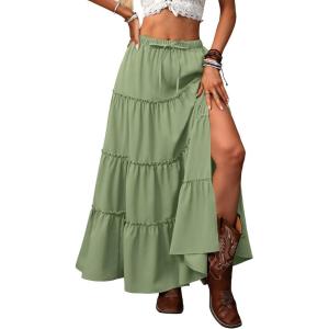 ELLEVEN Women’s Summer Slit Tiered Maxi Skirt – Boho A-Line Elastic Waist Long Skirts with Pockets(Green)