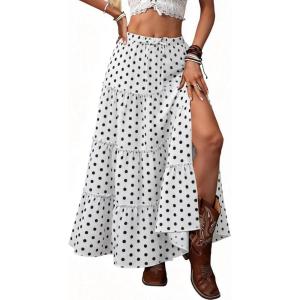 ELLEVEN Women’s Summer Slit Tiered Maxi Skirt – Boho A-Line Elastic Waist Long Skirts with Pockets(Polka Dots)