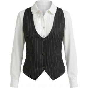ELLEVEN Women‘s U-Neck Plaid Vest – Slimming Fitted Sleeveless Top with Lining for Work Office(Black Stripes)
