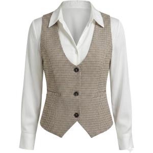ELLEVEN Women‘s U-Neck Plaid Vest – Slimming Fitted Sleeveless Top with Lining for Work Office(Brown Plaid)