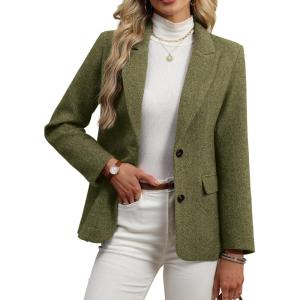 ELLEVEN Womens Wool Blend Tweed Warm Blazers Herringbone Business Casual Fall Winter Oversize Suit Jacket(Dark Green)
