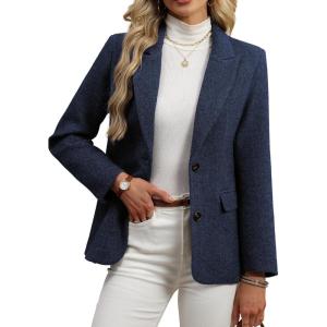 ELLEVEN Womens Wool Blend Tweed Warm Blazers Herringbone Business Casual Fall Winter Oversize Suit Jacket(Navy Blue)