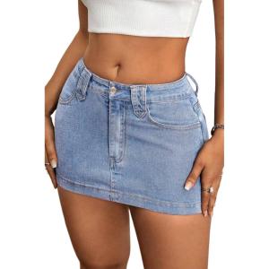 ELLEVEN Women’s Y2k Stretchy Denim Mini Skirt Low Rise Casual Sexy Bodycon Jean Skirt with Pockets(Blue Denim)