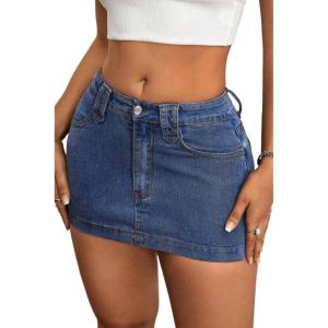 ELLEVEN Women’s Y2k Stretchy Denim Mini Skirt Low Rise Casual Sexy Bodycon Jean Skirt with Pockets(Dark Blue Denim)