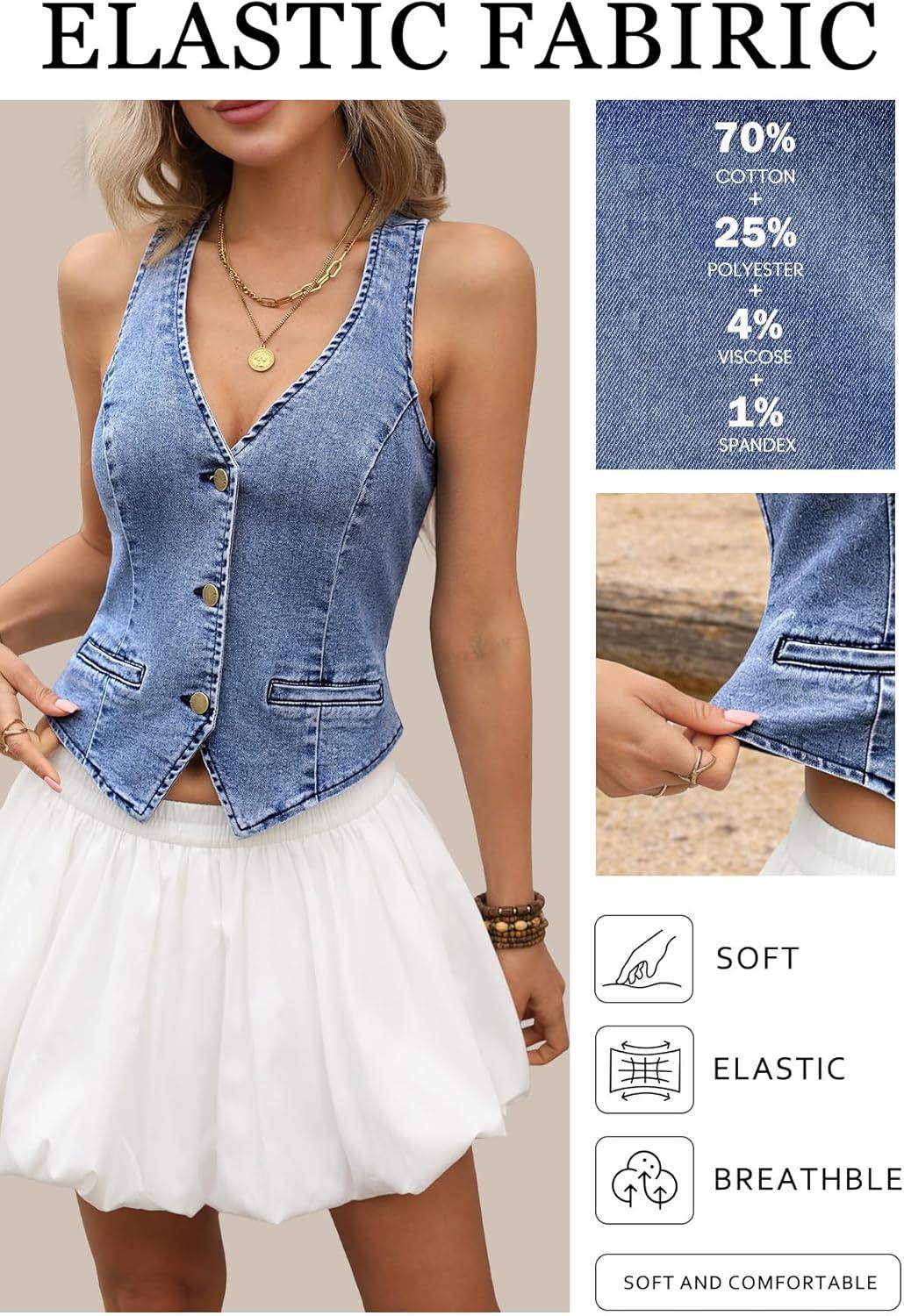image:imageELLEVEN Womens Summer Cropped Denim Vest High Stretch VNeck Western Country Style Jean Vest with Faux PocketsBlue Denim