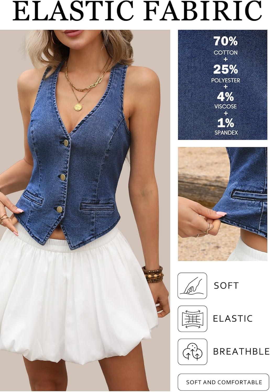 image:imageELLEVEN Womens Summer Cropped Denim Vest High Stretch VNeck Western Country Style Jean Vest with Faux PocketsDark Blue Denim