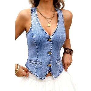 ELLEVEN Women’s Summer Cropped Denim Vest, High Stretch V-Neck Western Country Style Jean Vest with Faux Pockets(Blue Denim)