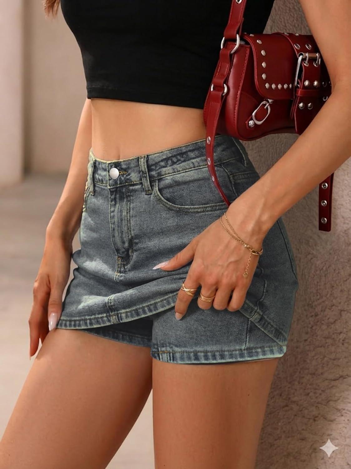 image:imageELLEVEN Denim Mini Skirt for Women High Stretch Low Waist Jean Skirt with Shorts Underneath Sexy Bodycon Casual Micro SkortVintage Blue Denim