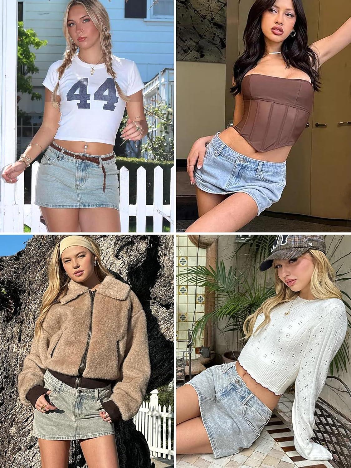 image:imageELLEVEN Denim Mini Skirt for Women High Stretch Low Waist Jean Skirt with Shorts Underneath Sexy Bodycon Casual Micro SkortWhite