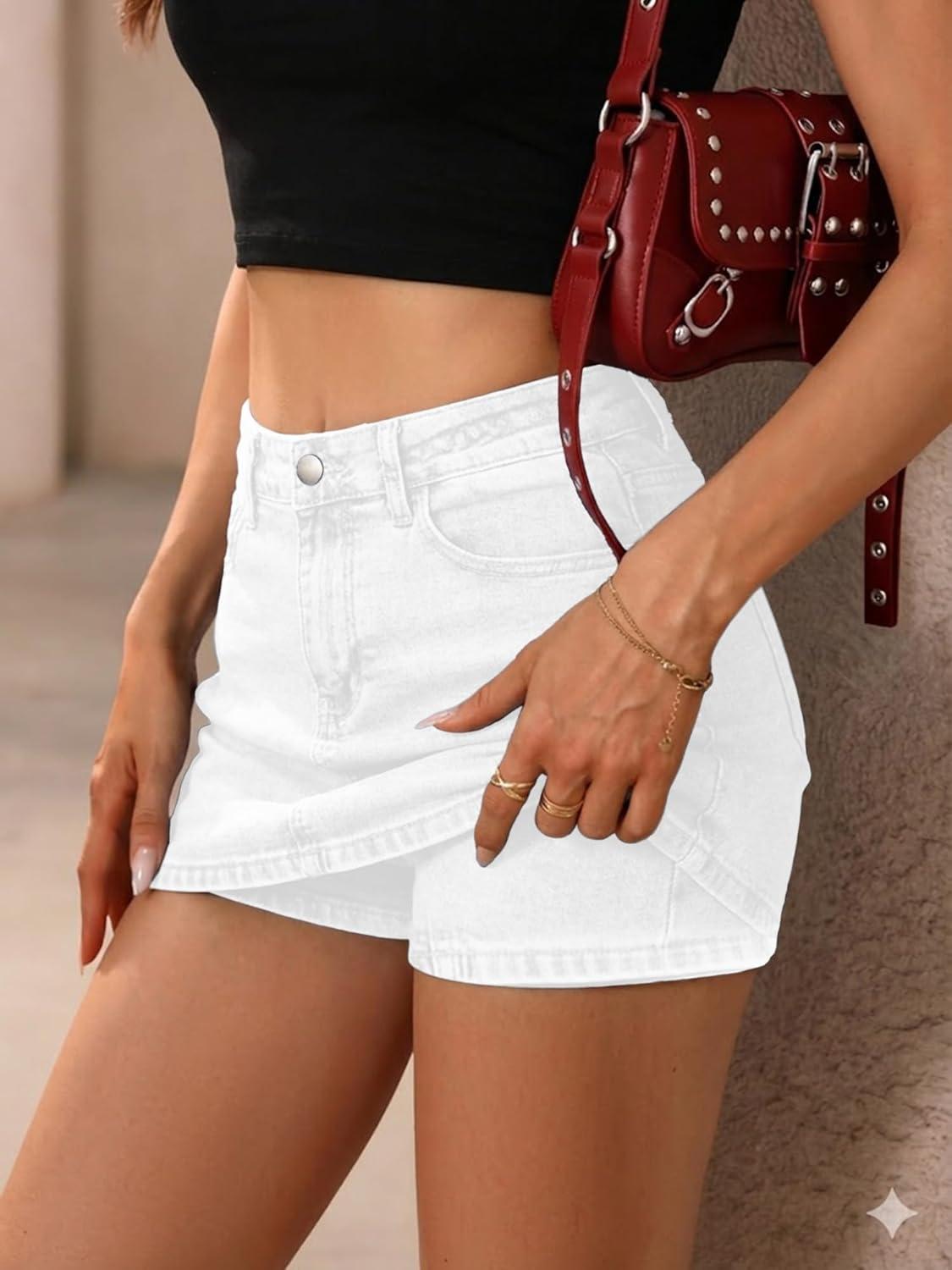 image:imageELLEVEN Denim Mini Skirt for Women High Stretch Low Waist Jean Skirt with Shorts Underneath Sexy Bodycon Casual Micro SkortWhite