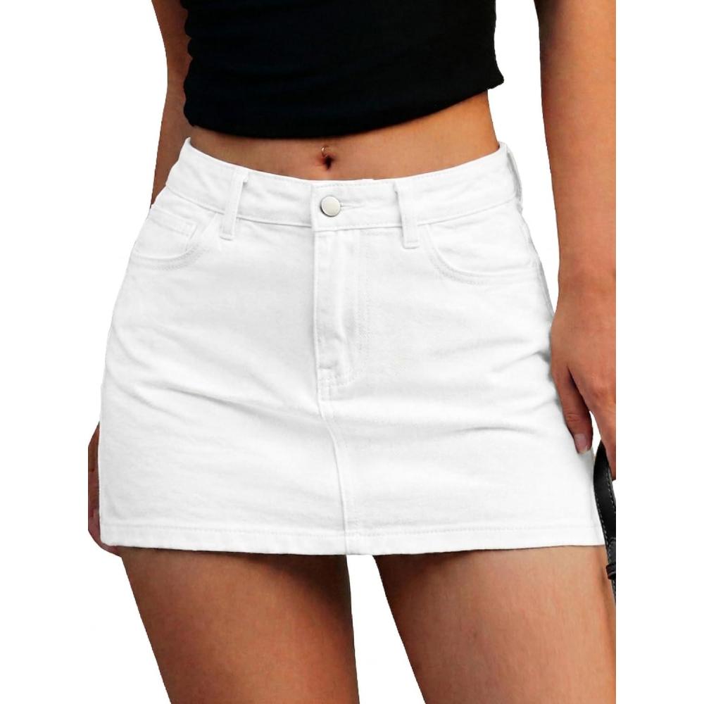 image:imageELLEVEN Denim Mini Skirt for Women High Stretch Low Waist Jean Skirt with Shorts Underneath Sexy Bodycon Casual Micro SkortWhite