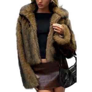 ELLEVEN Women’s Two-Tone Faux Fur Coat – Fluffy Winter Jacket with Lapel Collar, Hooks & Pockets(Golden Brown)
