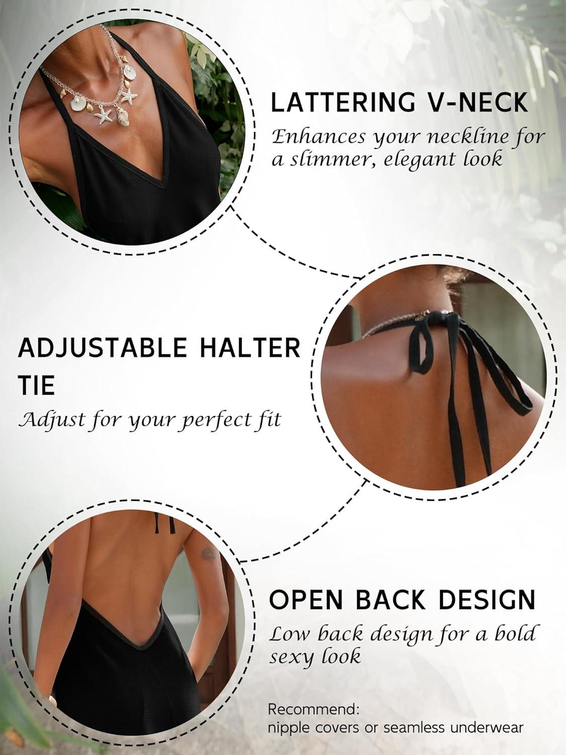 image:imageELLEVEN Linen Halter Neck Maxi Dress for Women Backless Boho Vacation Long Dress with Adjustable Tie StrapsBlack