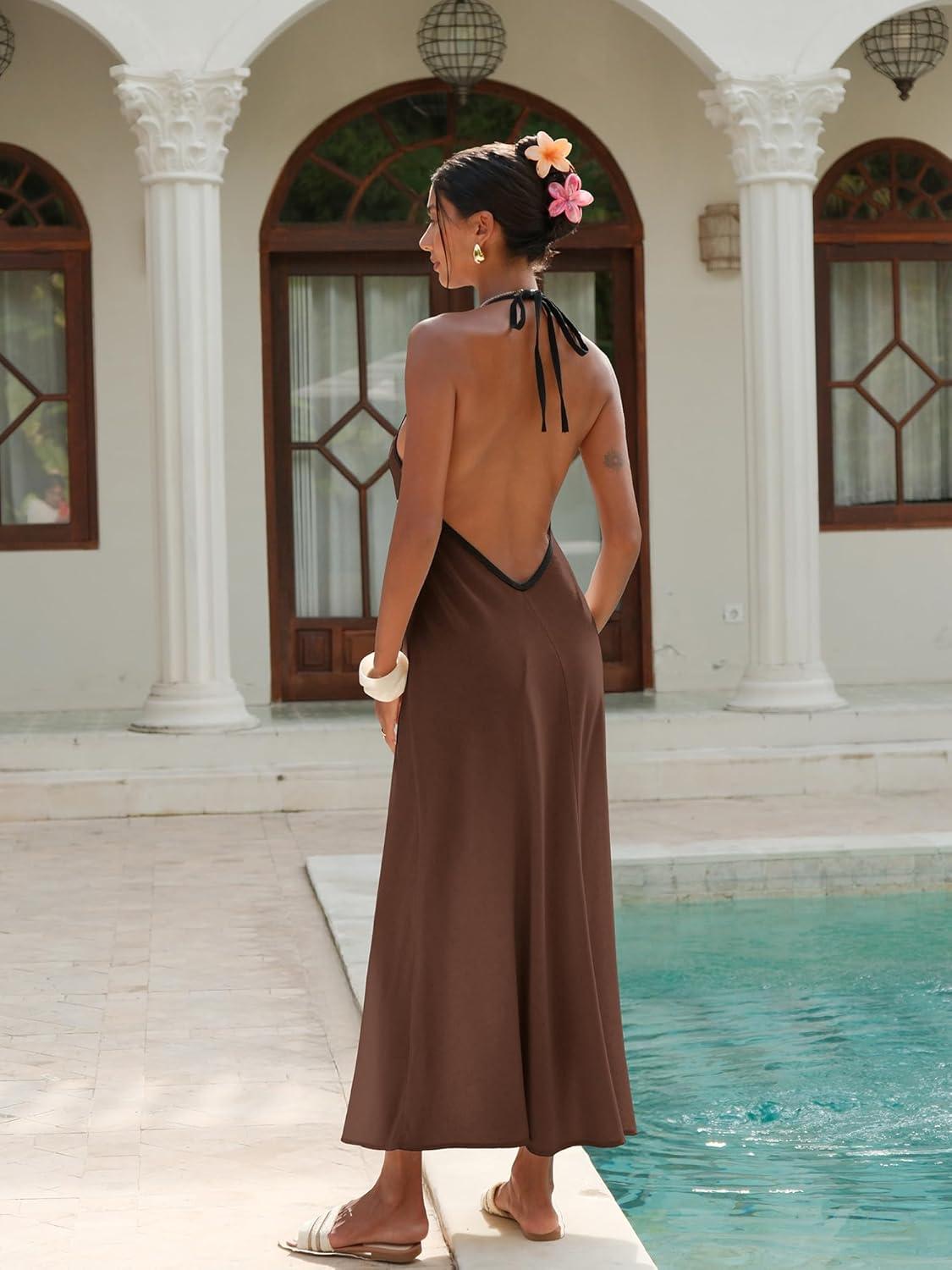 image:imageELLEVEN Linen Halter Neck Maxi Dress for Women Backless Boho Vacation Long Dress with Adjustable Tie StrapsBrown