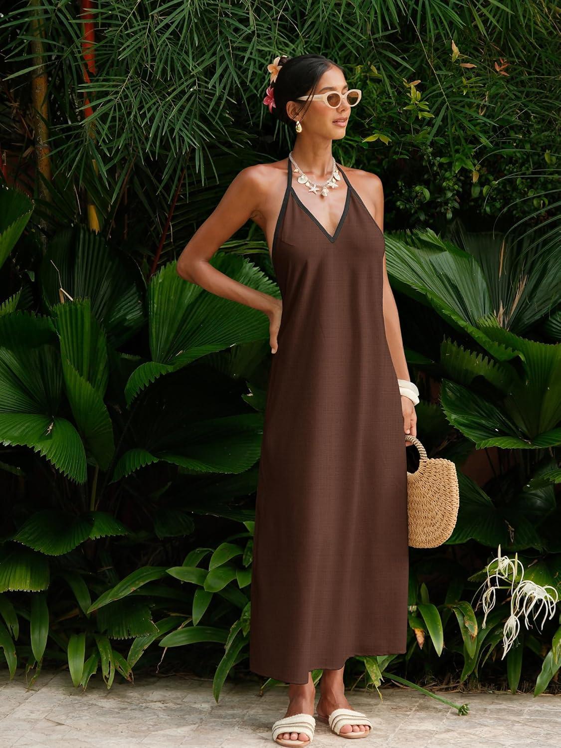 image:imageELLEVEN Linen Halter Neck Maxi Dress for Women Backless Boho Vacation Long Dress with Adjustable Tie StrapsBrown