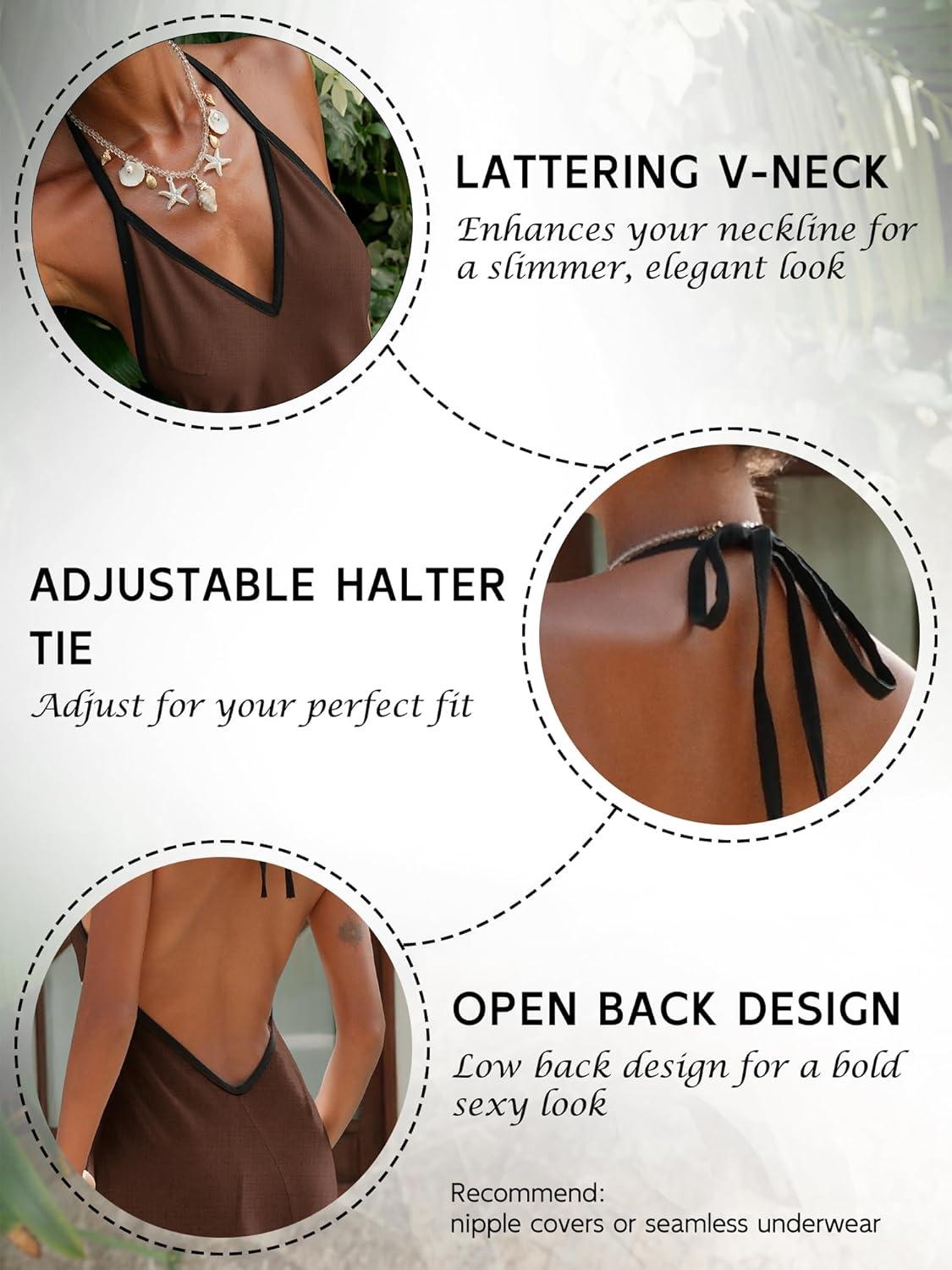 image:imageELLEVEN Linen Halter Neck Maxi Dress for Women Backless Boho Vacation Long Dress with Adjustable Tie StrapsBrown