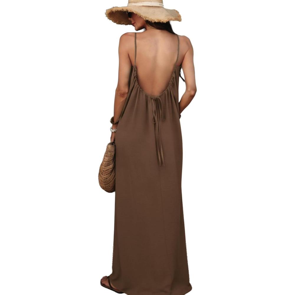 image:imageELLEVEN Backless Cami Maxi Casual Dress Sleeveless Loose Flowy Vacation Sundress with Back TieBrown