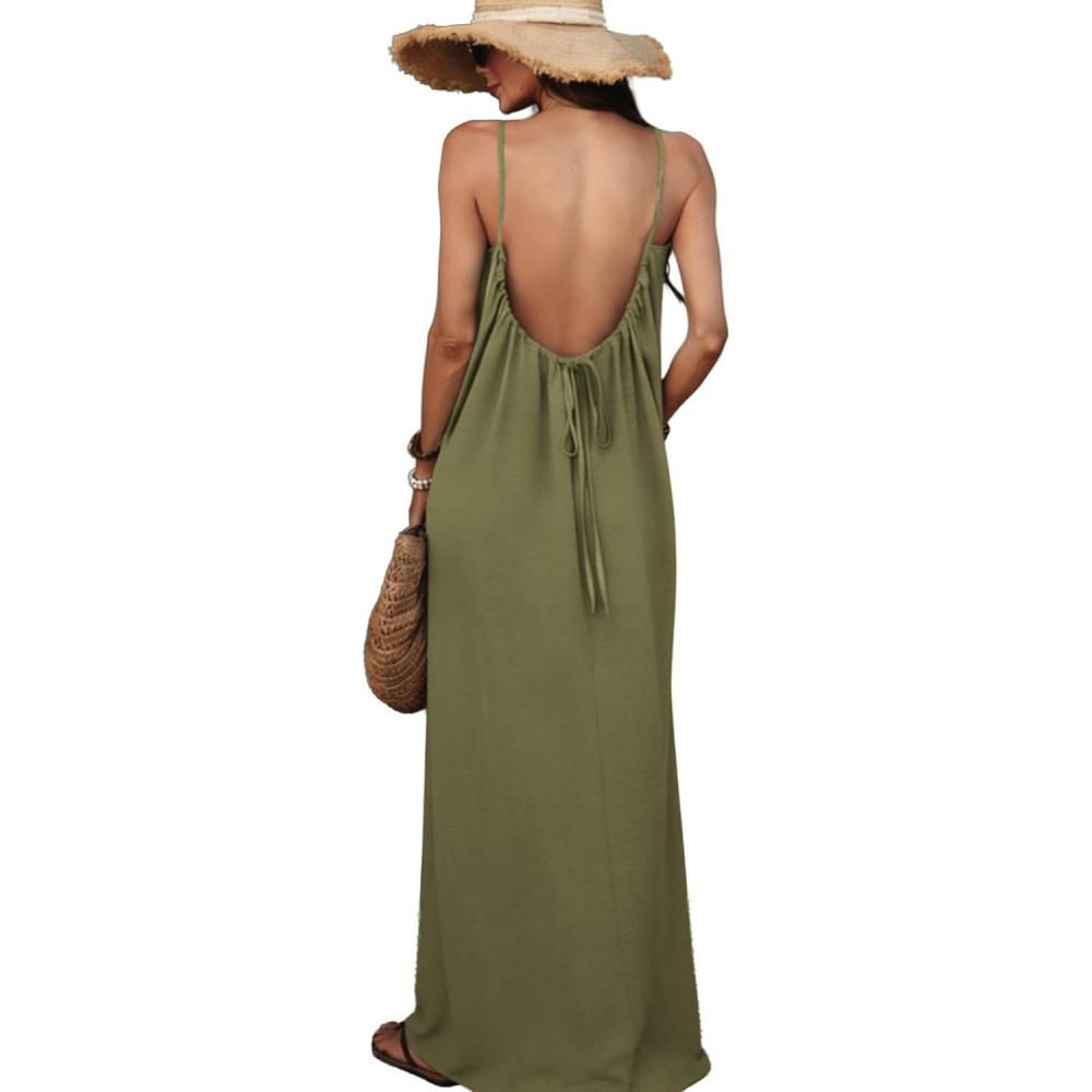 image:imageELLEVEN Backless Cami Maxi Casual Dress Sleeveless Loose Flowy Vacation Sundress with Back TieGreen