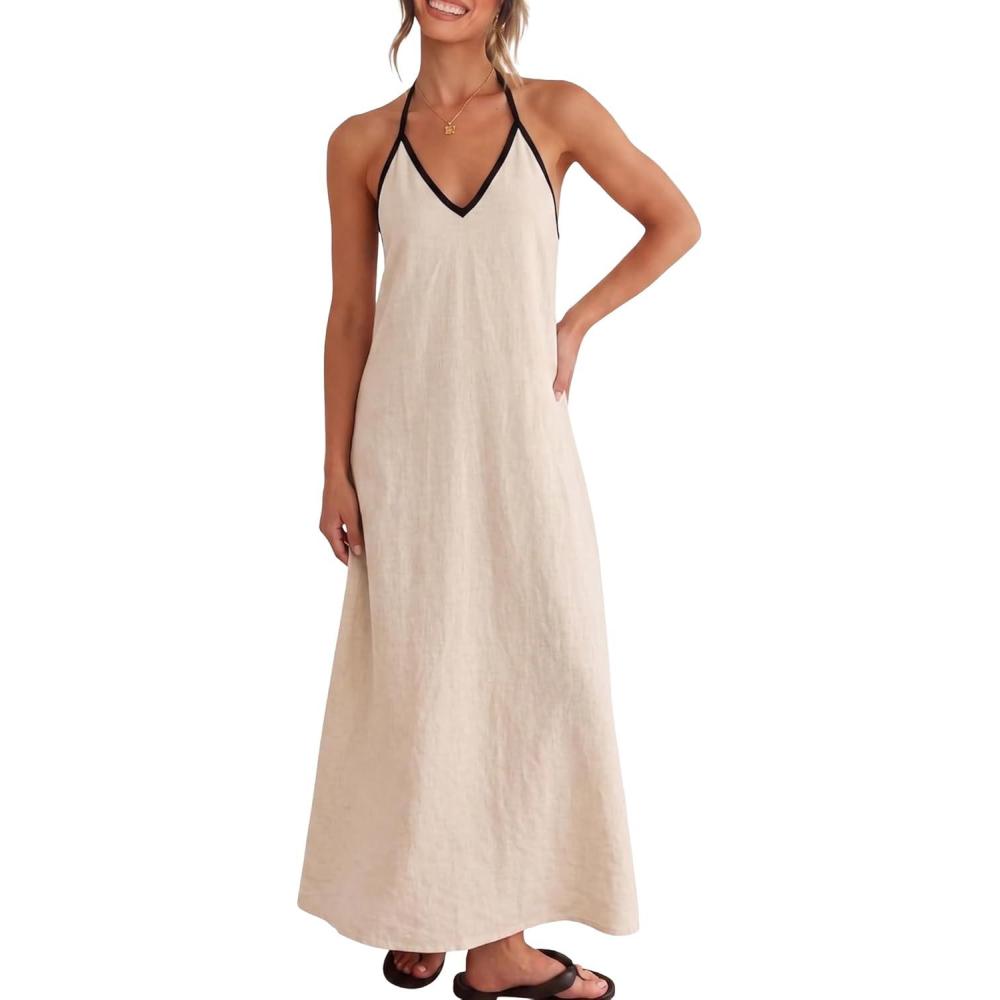 image:imageELLEVEN Linen Halter Neck Maxi Dress for Women  Backless Boho Vacation Long Dress with Adjustable Tie StrapsBeige