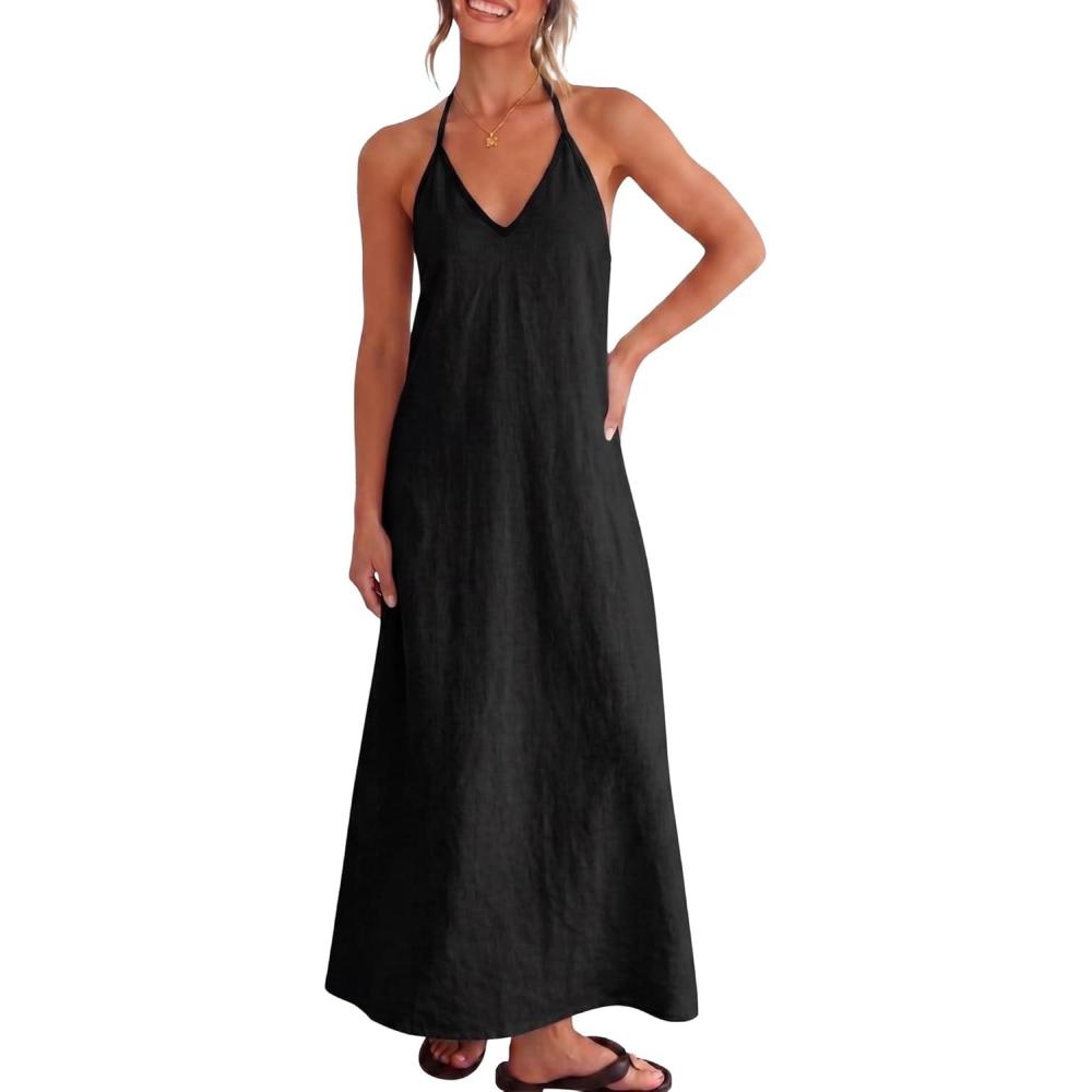 image:imageELLEVEN Linen Halter Neck Maxi Dress for Women  Backless Boho Vacation Long Dress with Adjustable Tie StrapsBlack