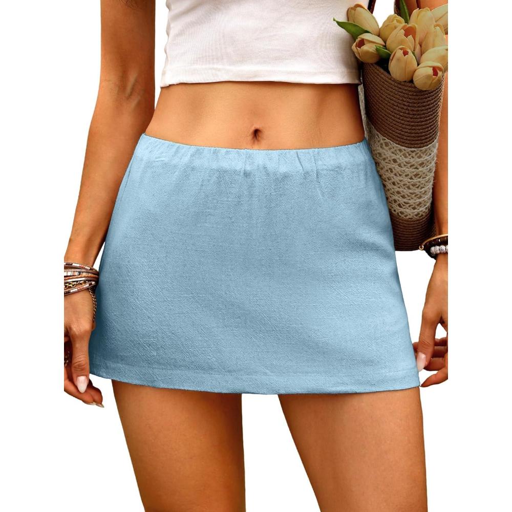 image:imageELLEVEN Womens Low Rise Cotton Linen Skirt with Built in Shorts ALine Summer Mini Skorts Beach Vacation StreetwearBlue