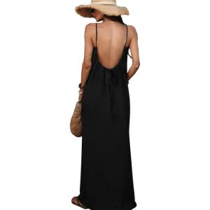 ELLEVEN Backless Cami Maxi Casual Dress Sleeveless Loose Flowy Vacation Sundress with Back Tie(Black)