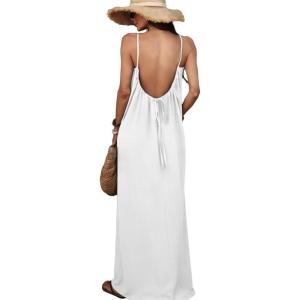 ELLEVEN Backless Cami Maxi Casual Dress Sleeveless Loose Flowy Vacation Sundress with Back Tie(White)
