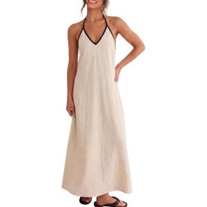 ELLEVEN Linen Halter Neck Maxi Dress for Women – Backless Boho Vacation Long Dress with Adjustable Tie Straps(Beige)