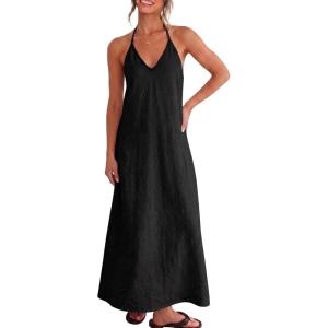 ELLEVEN Linen Halter Neck Maxi Dress for Women – Backless Boho Vacation Long Dress with Adjustable Tie Straps(Black)