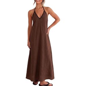 ELLEVEN Linen Halter Neck Maxi Dress for Women – Backless Boho Vacation Long Dress with Adjustable Tie Straps(Brown)