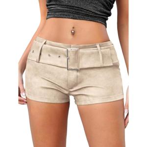 ELLEVEN Low Rise Faux Leather Mini Shorts for Women,Stretchy Micro Booty Shorts with Belt Sexy Concert Club Outfits(Beige)