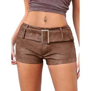 ELLEVEN Low Rise Faux Leather Mini Shorts for Women,Stretchy Micro Booty Shorts with Belt Sexy Concert Club Outfits(Brown)