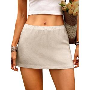ELLEVEN Womens Low Rise Cotton Linen Skirt with Built in Shorts, A-Line Summer Mini Skorts Beach Vacation Streetwear(Beige)