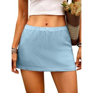 ELLEVEN Womens Low Rise Cotton Linen Skirt with Built in Shorts, A-Line Summer Mini Skorts Beach Vacation Streetwear(Blue)