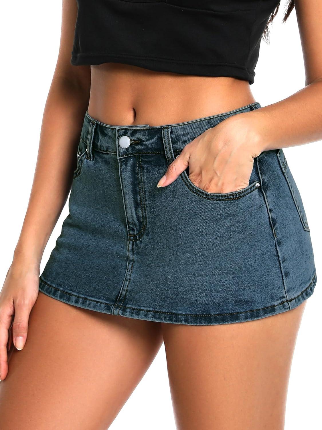 image:imageELLEVEN Low Rise High Stretch Mini Skort Skirt for WomenDenim Skort Shorts with PocketsVintage Blue Denim