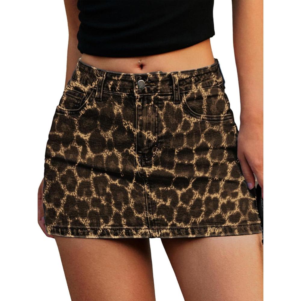 image:imageELLEVEN Denim Mini Skirt for Women High Stretch Low Waist Jean Skirt with Shorts Underneath Sexy Bodycon Casual Micro SkortLeopard Print
