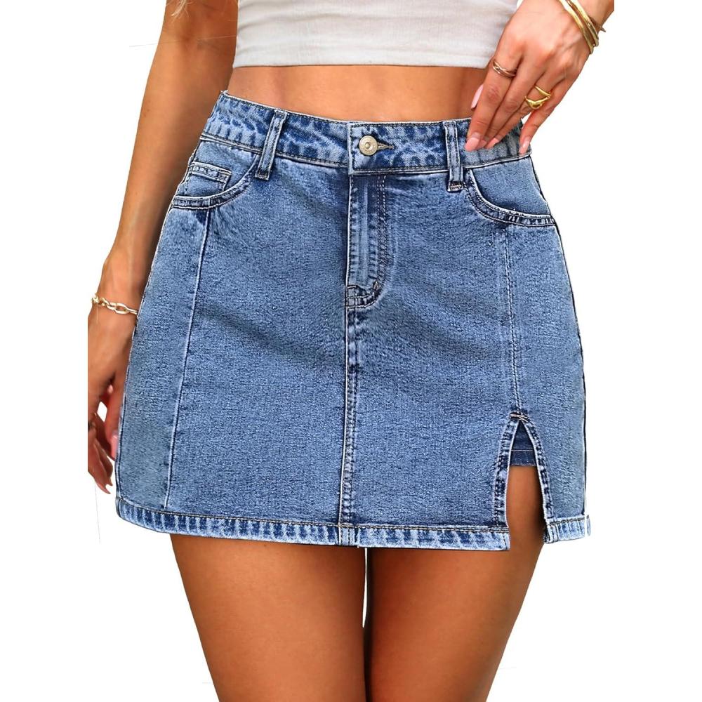 image:imageELLEVEN Skorts Skirts for Women High Waisted Stretchy Side Slit Jean Mini Skirt with Shorts Underneath Summer SkortBlue Denim