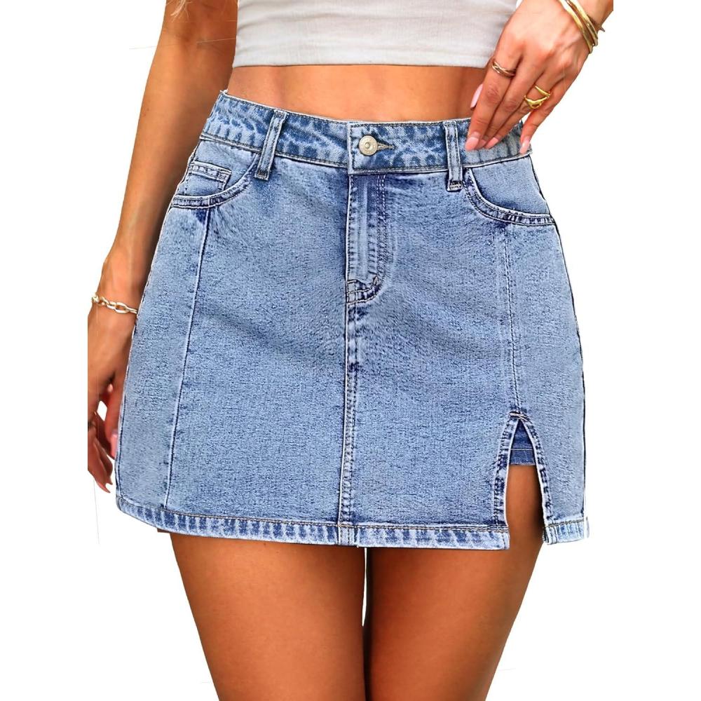 image:imageELLEVEN Skorts Skirts for Women High Waisted Stretchy Side Slit Jean Mini Skirt with Shorts Underneath Summer SkortLight Blue Denim
