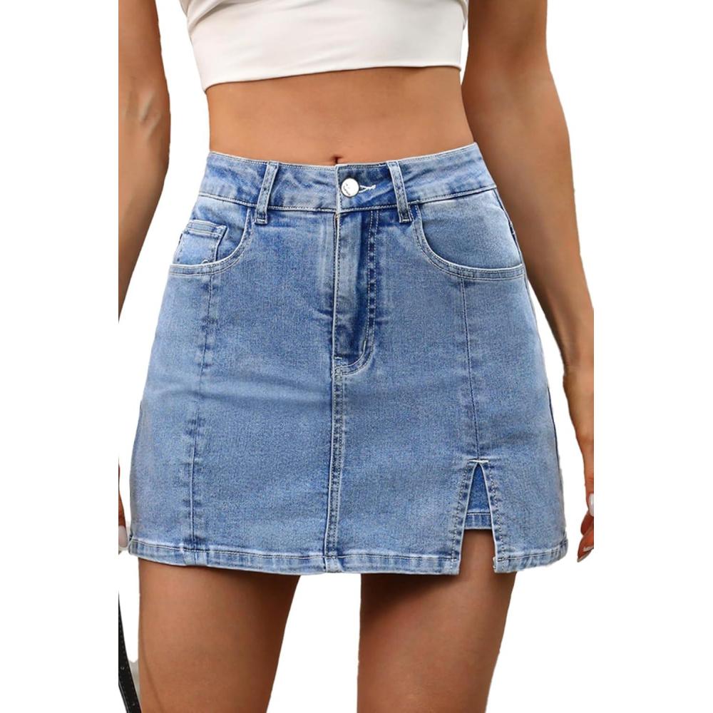 image:imageELLEVEN Womens Side Slit Denim Skort HighStretch High Waisted Y2K Mini Jean Skirt Shorts with 5 PocketsAdenim Blue