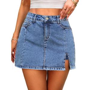 ELLEVEN Skorts Skirts for Women High Waisted Stretchy Side Slit Jean Mini Skirt with Shorts Underneath Summer Skort(Blue Denim)