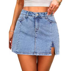 ELLEVEN Skorts Skirts for Women High Waisted Stretchy Side Slit Jean Mini Skirt with Shorts Underneath Summer Skort(Light Blue Denim)
