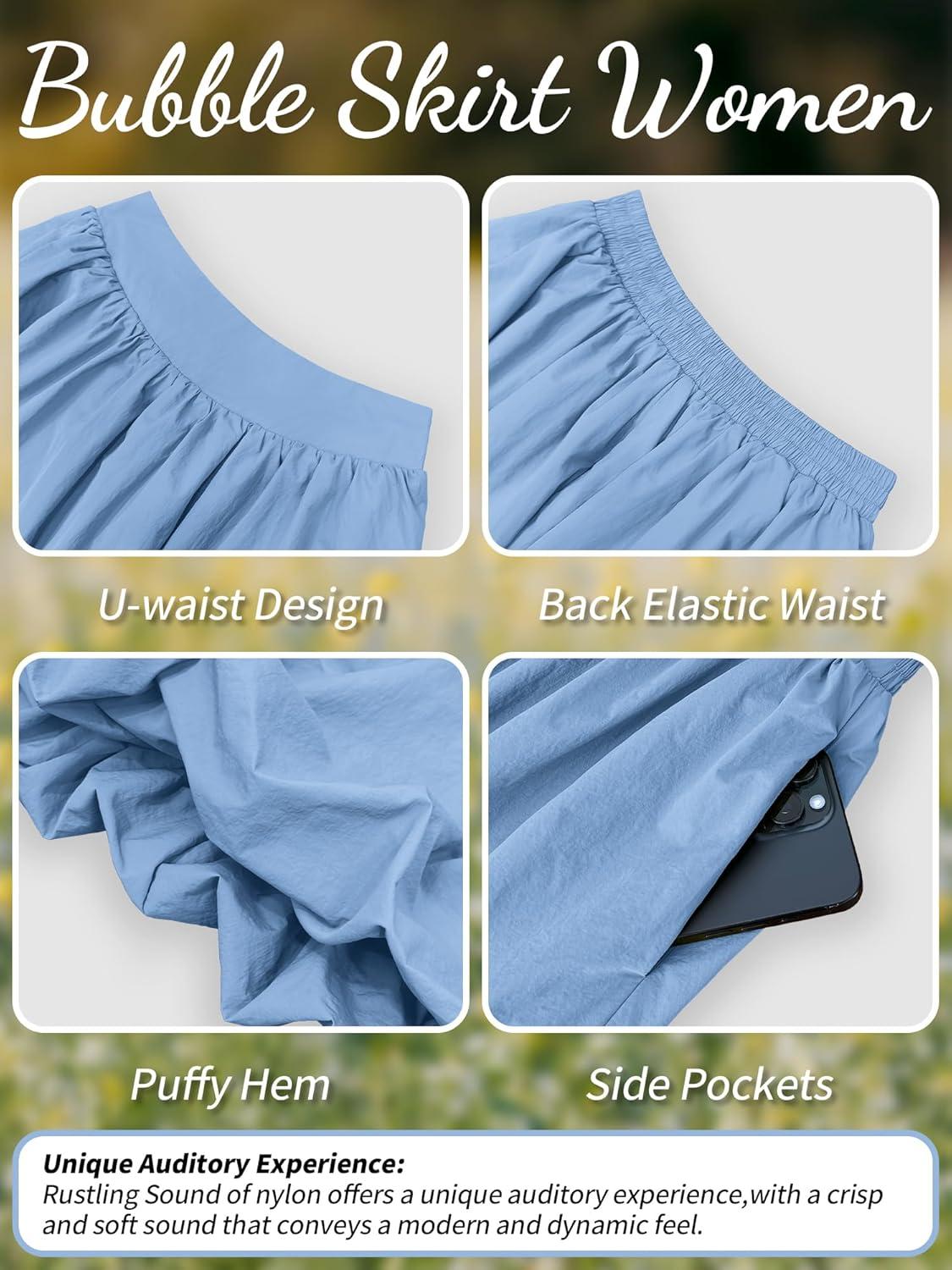 image:imageELLEVEN Womens Bubble Maxi Skirt Elastic Waist Puffy Hem ALine Skirt with PocketsAiry Blue