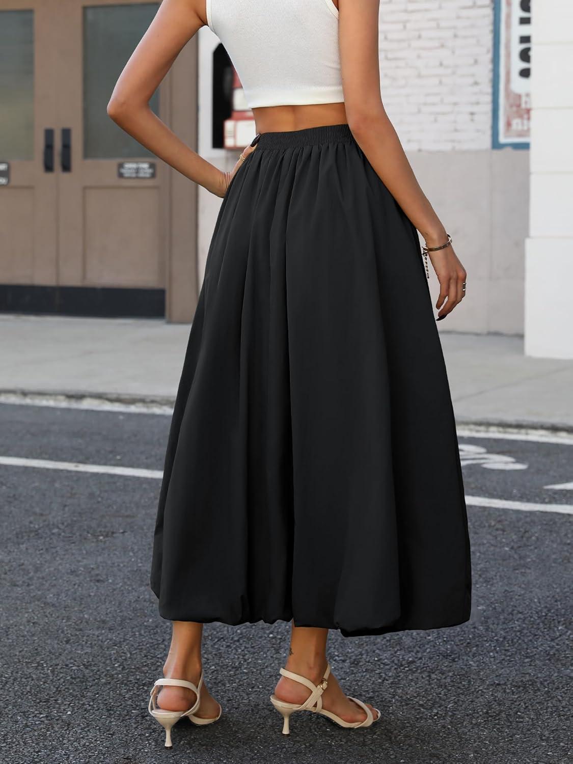 image:imageELLEVEN Womens Bubble Maxi Skirt Elastic Waist Puffy Hem ALine Skirt with PocketsBlack