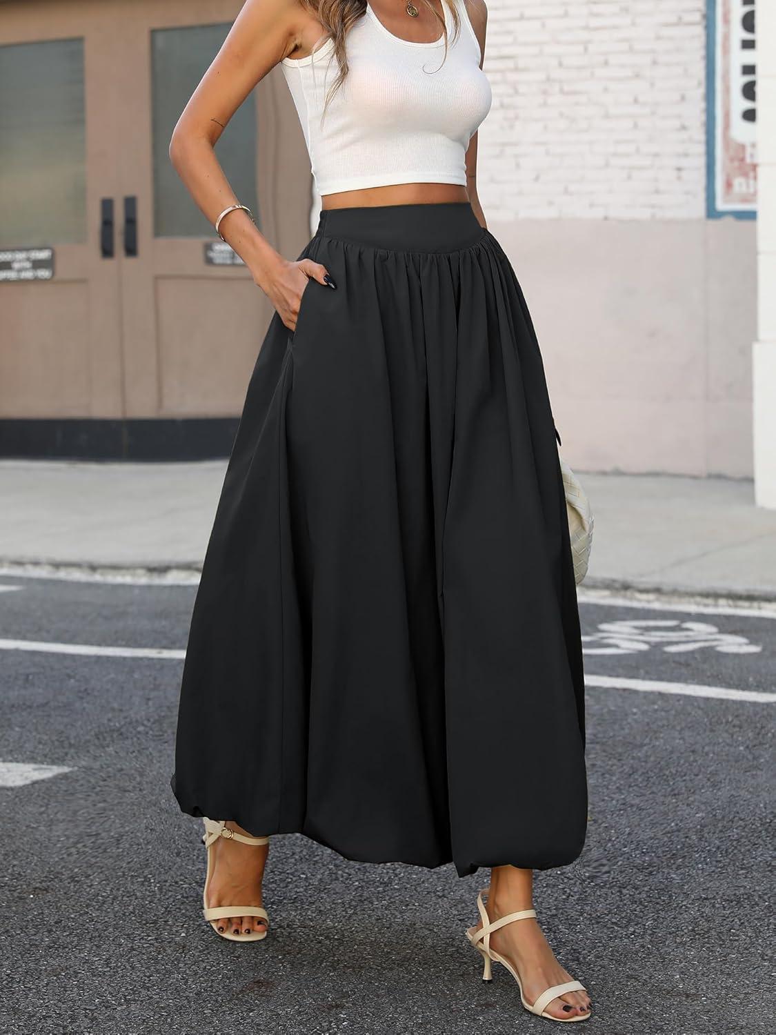 image:imageELLEVEN Womens Bubble Maxi Skirt Elastic Waist Puffy Hem ALine Skirt with PocketsBlack