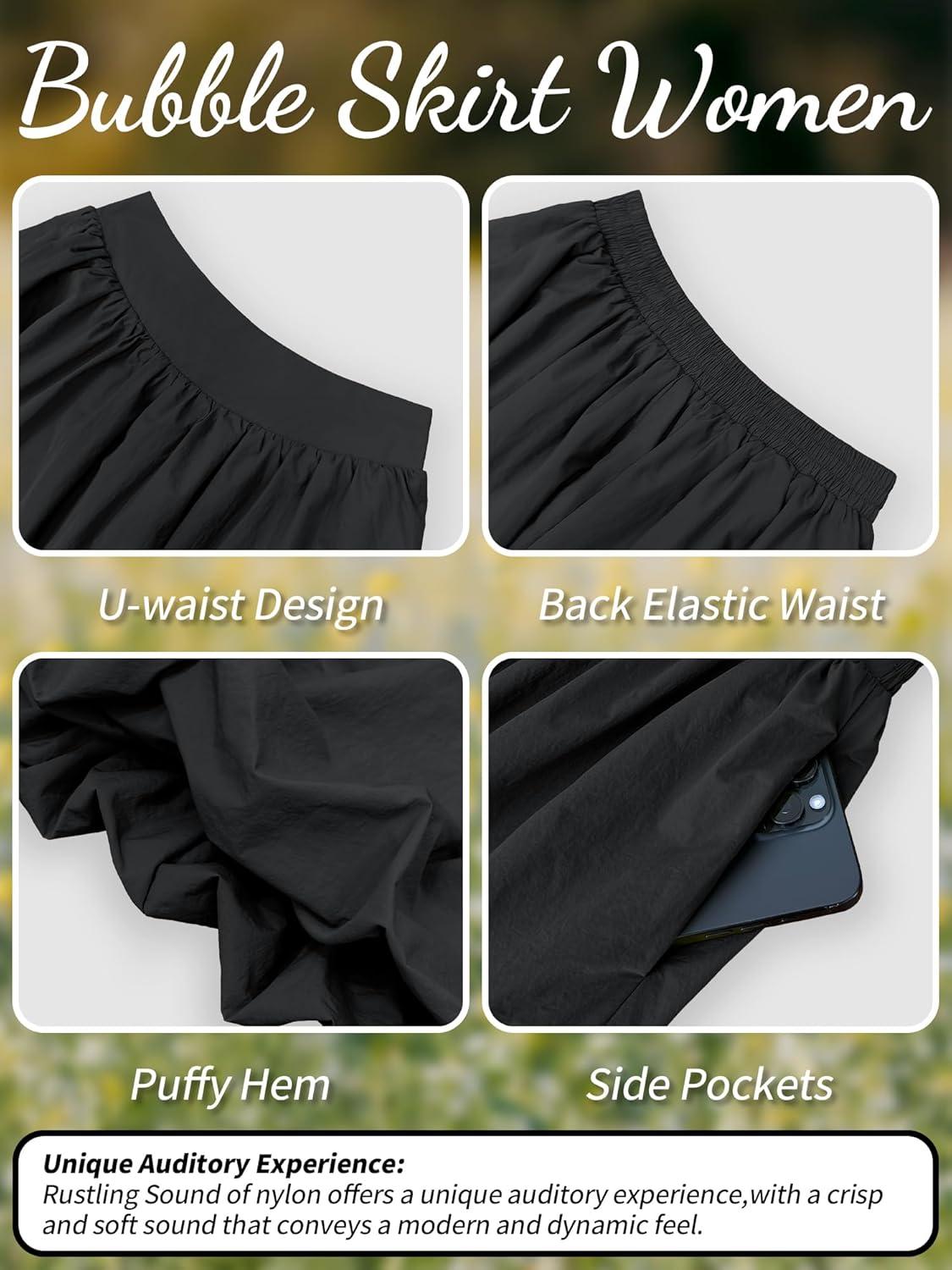 image:imageELLEVEN Womens Bubble Maxi Skirt Elastic Waist Puffy Hem ALine Skirt with PocketsBlack